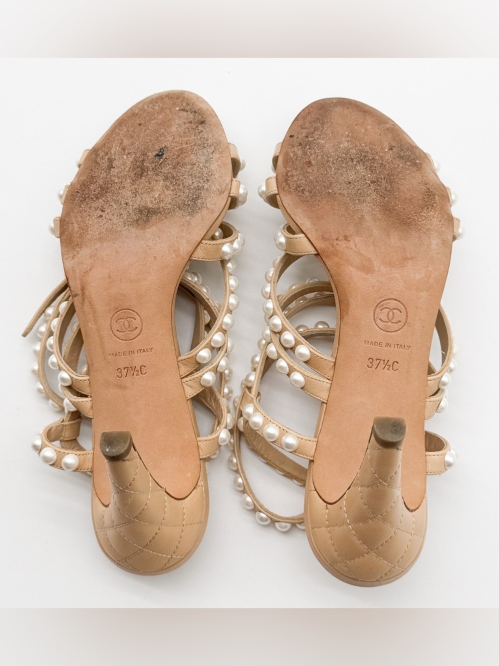 Chanel Beige Quilted Leather Pearl Embellished Ankle Strap Sandals Heels EU 37.5 - Picture 11 of 16